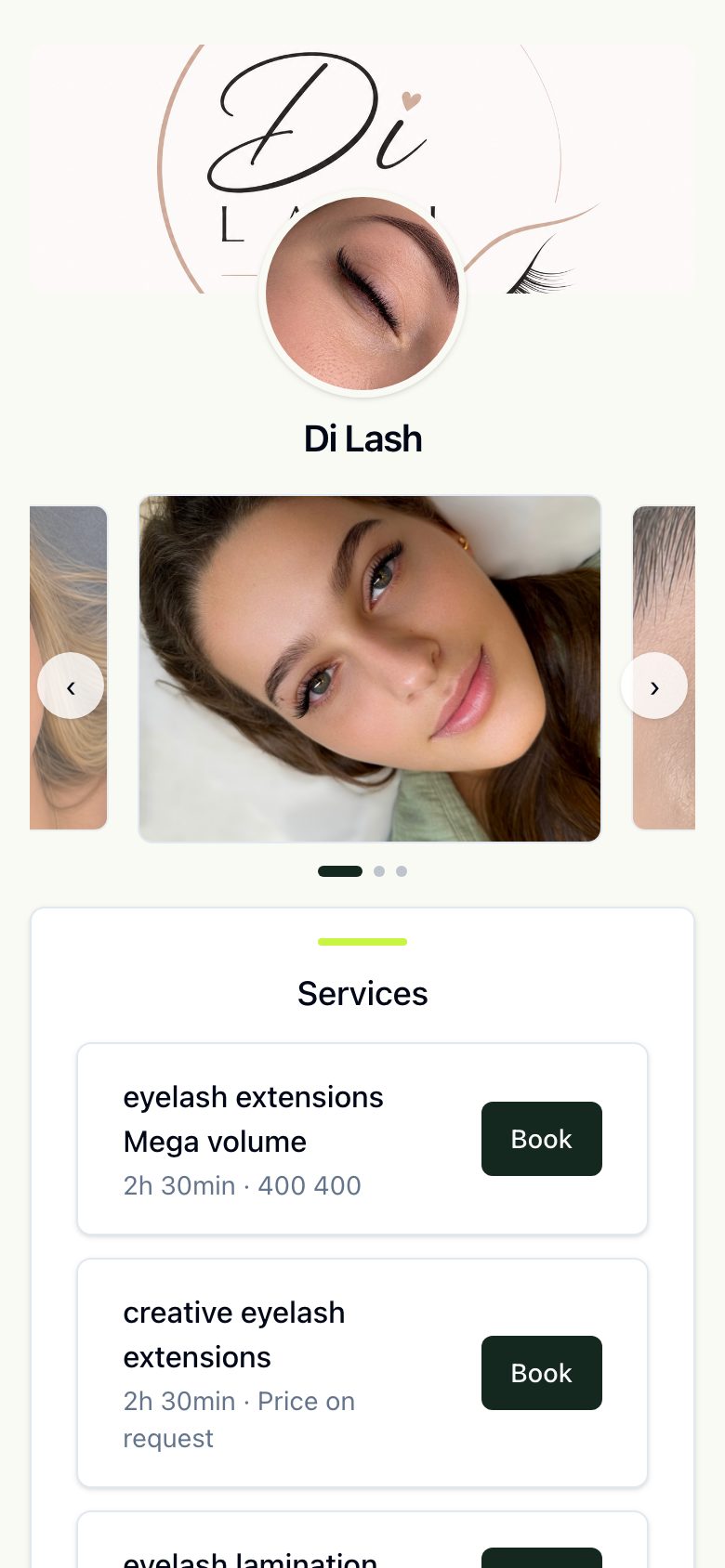 A real Pointy master page — a lash artist's profile with portfolio and services